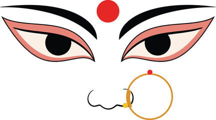 Minimalist design of serene Maa Durga eyes with a red bindi and a nose ring, symbolizing strength, divinity, and tradition.