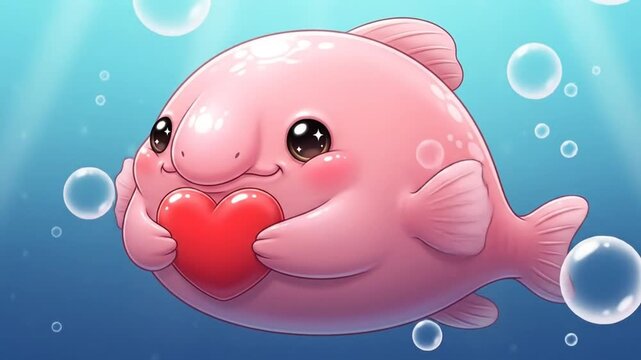 Pink blob fish floats with a big heart and smiling underwater