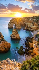 Coastal sunset, sea stacks, golden hour