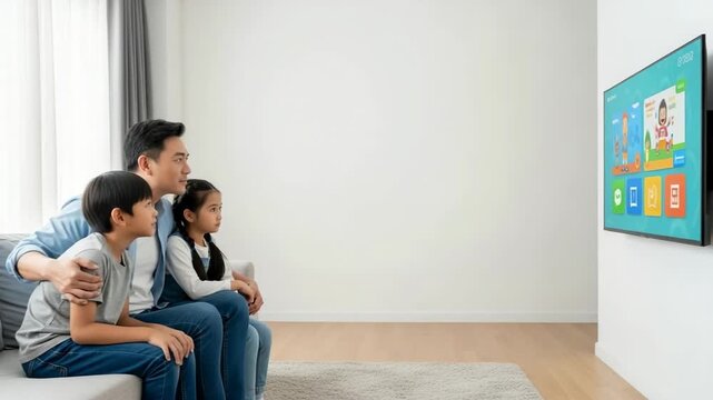 Family watching television together in living room, Asian father and children enjoying family time. Watching television involves modern family activity and relaxation at home together,