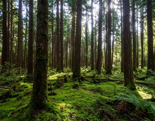 Obraz premium Sunlight filtering through a dense mossy forest