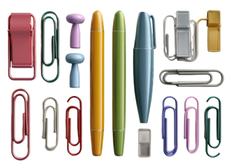 Assorted stationery items.  Various colored pens, paperclips, and pushpins