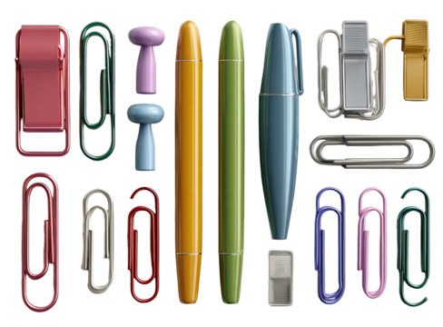 Assorted stationery items.  Various colored pens, paperclips, and pushpins