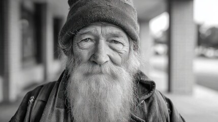 Elderly man with long beard, gazing directly at camera