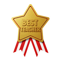 Paper cutout style golden star badge with ribbon celebrating best teacher award