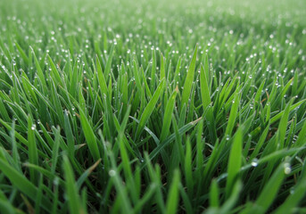 Fototapeta premium Vibrant green grass glistening with morning dew in a fresh, natural outdoor setting.