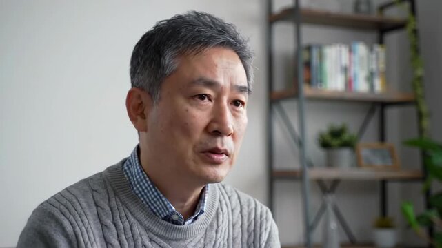 Portrait of Asian man during video call. Mature man gives interview during video call, sitting in front of camera on background of bookshelf and white wall. Concept video call for video blog.