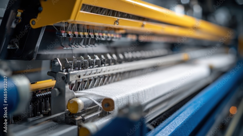 Aufkleber focused image of a hightech programmable knitting machines fabric feeder capturing precise yarn hand