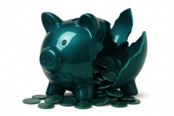 Shiny teal piggy bank broken open, revealing and spilling coins onto transparent background, symbolizing spending savings