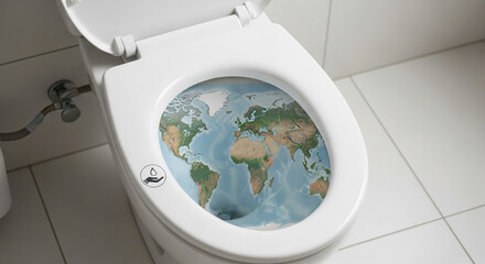 Toilet bowl with world map inside, symbol of global sanitation.