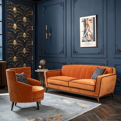 Luxurious orange velvet sofa and armchair set against a deep blue paneled wall with ornate wallpaper