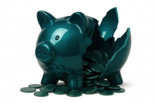 Shiny teal piggy bank broken open, revealing and spilling coins onto transparent background, symbolizing spending savings