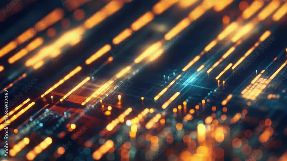 Poster futuristic microchip circuitry glowing with data flowing