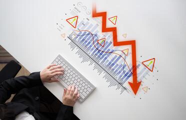 Economic caution visualized with fluctuating market graph, alert symbols, and negative data trends....