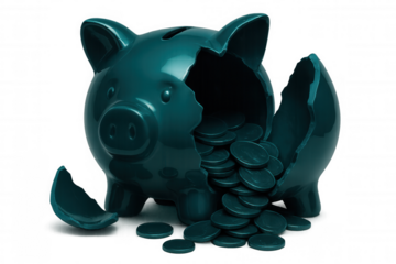 Cracked ceramic piggy bank exposing scattered coins, symbolizing financial challenges, economic uncertainty, and personal money management struggles