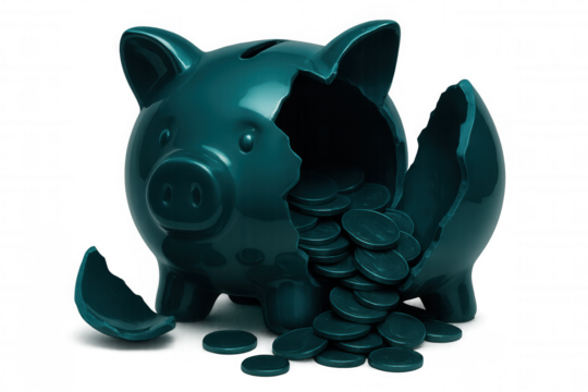 Cracked ceramic piggy bank exposing scattered coins, symbolizing financial challenges, economic uncertainty, and personal money management struggles