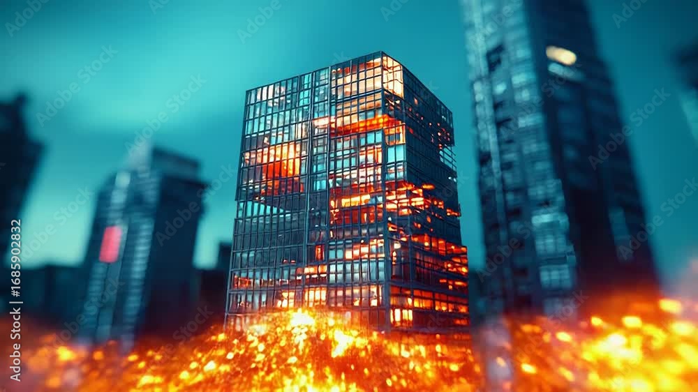 Poster skyscraper exploding in futuristic city with fire and sparks