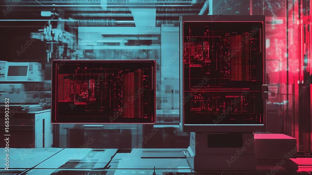 Poster futuristic laboratory showing computer screens displaying red alert code in modern glass building