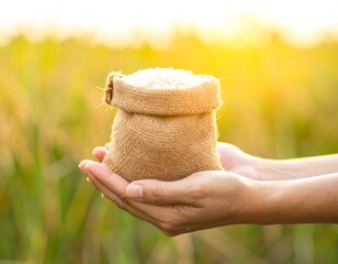 Hands holding a burlap sack of rice in a field