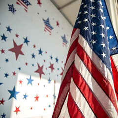 Close up of a waving american flag with a background of red white and blue stars and stripes