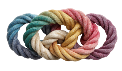 Intertwined, colorful ropes form a complex knot.  A rainbow of dyed cords are tightly interwoven, creating a circular, symmetrical pattern against a plain background