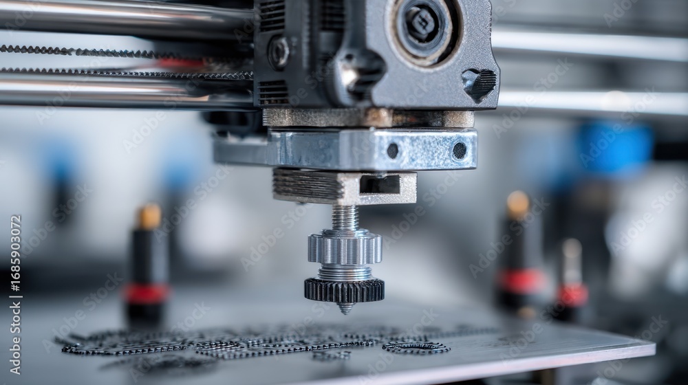Aufkleber medium shot of a 3d printer actively forming a custom part main nozzle in sharp focus with blurred b