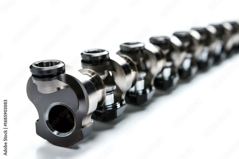 Poster precision machined performance camshafts arranged in a row on a white surface, showcasing their intr