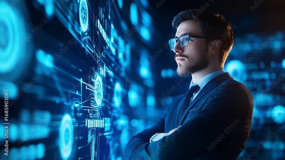 Poster businessman analyzing data on futuristic virtual screen display