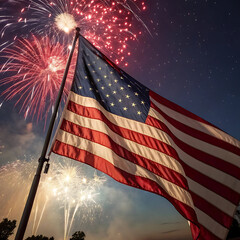 American flag waving proudly against a backdrop of colorful fireworks and a starry night sky
