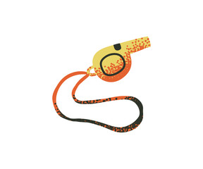 Flat groovy retro whistle icon. Plastic equipment for sports, football, fitness. A sound-making instrument, a whistle on a string. Accessory for coach, police, referee.