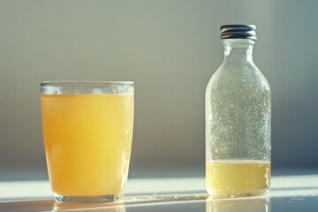 Glass of cold apple juice with condensation on white table next to its bottle with some drops of juice spilled