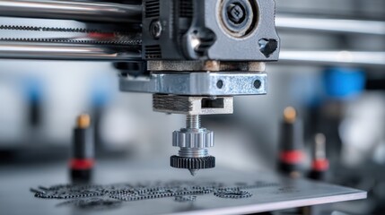 Fototapeta premium Medium shot of a 3D printer actively forming a custom part main nozzle in sharp focus with blurred background tools and workspace.