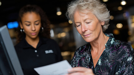 A senior woman intently examines a document while a young assistant looks on, highlighting themes of mentorship and assistance in a modern environment.