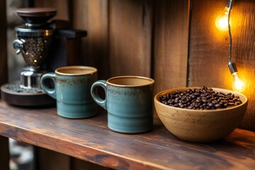 Cozy coffee corner with coffee grinder, two mugs and bowl full of coffee beans, illuminated by warm string lights on wooden shelf