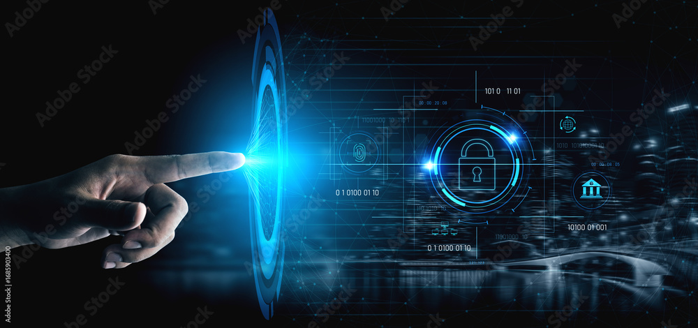 Poster cybersecurity system interface with biometric lock and data protection. cybersecurity protects acces