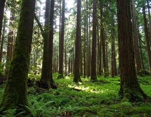 Obraz premium Sunlight filters through a dense forest