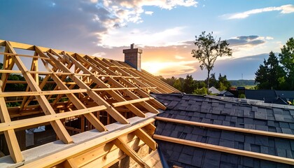 Obraz premium Roof under construction shows the rafters, shingles, brick chimney at sunset