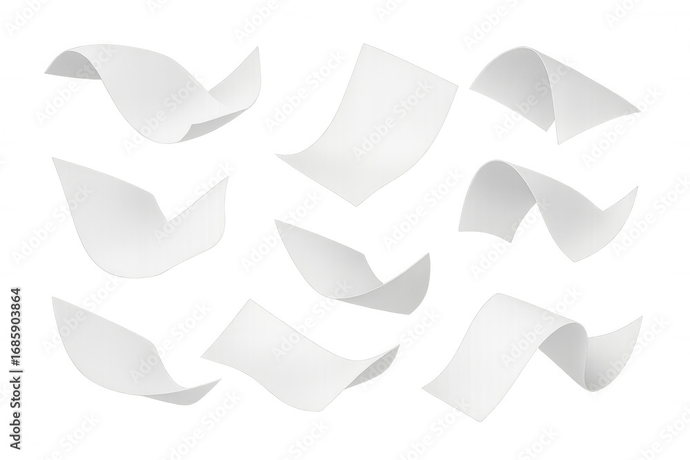 Poster dynamic and free: realistic mockup of blank paper sheets swirling and flying against a transparent b