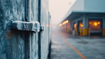 Medium shot focused on the frostcoated seals of a refrigerated truck door with the blurred loading dock underlining secure perishable goods delivery