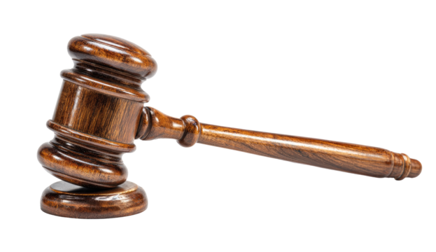 Wooden gavel, angled, on white background.  A polished, dark brown wooden gavel, with rounded top and bottom, and a long handle, is angled diagonally