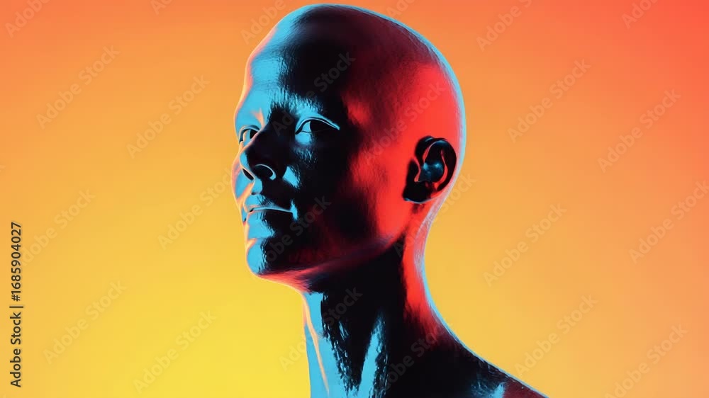 Poster artificial intelligence face dissolving into pixels on gradient background