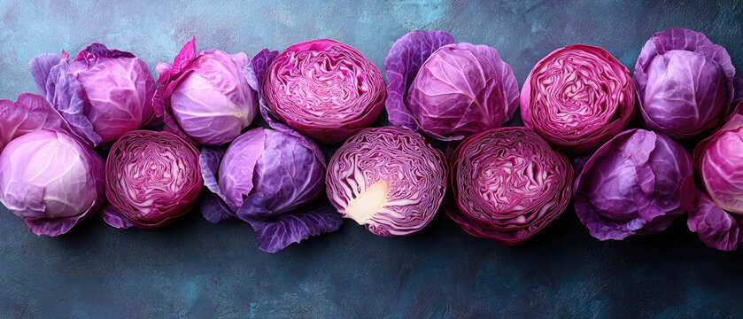 Halved and whole red cabbage presenting vibrant purple hues against deep background