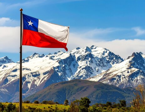Bandera de Chile flameando con la cordillera nevada de fondo