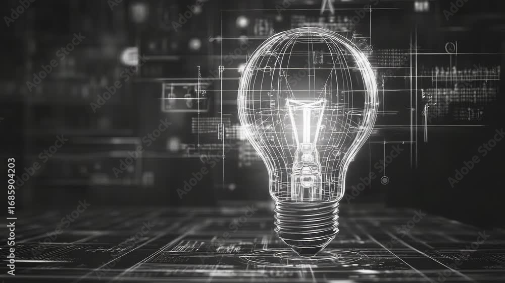 Poster glowing lightbulb symbolizing innovation in digital circuitry background
