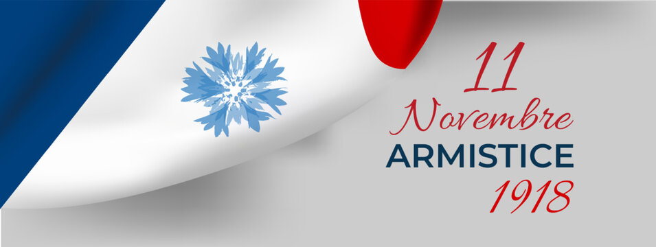  Armistice Day Banner with French flag, blue cornflower symbol, November 11th, 1918 typography. Perfect for remembrance design, memorial poster, historical anniversary background. Vector illustration