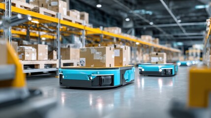 Obraz premium AIpowered robotic vehicles navigating through aisles transporting products to packing stations with focused precision in dynamic warehouse environments.