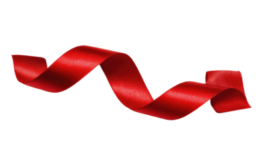 A vibrant, glossy red ribbon, flowing in a stylized, twisting curve against a pure black background.  The ribbon's texture and smooth surface are emphasized