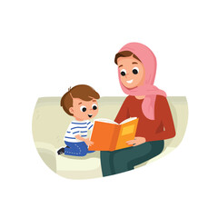 Middle Eastern Muslim woman mother mum wearing a traditional hijab in a headscarf reading fairy tale book storybook to baby child son at home, babysitting with child. Motherhood concept.