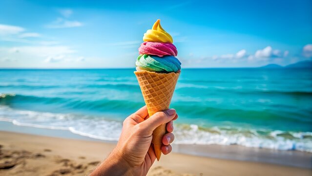 Colorful ice cream cone held against a tropical beach and ocean background