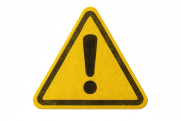 Cautionary yellow warning sign with exclamation point isolated on transparent background, signaling potential danger